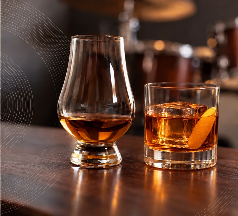 Approved photograph of two whiskey pours with softly blurred drums in the background