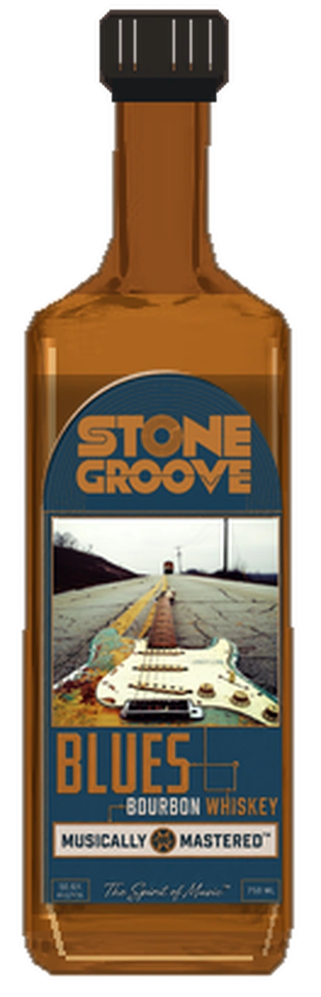 Stone Groove Blues Bourbon whiskey bottle with original guitar label
