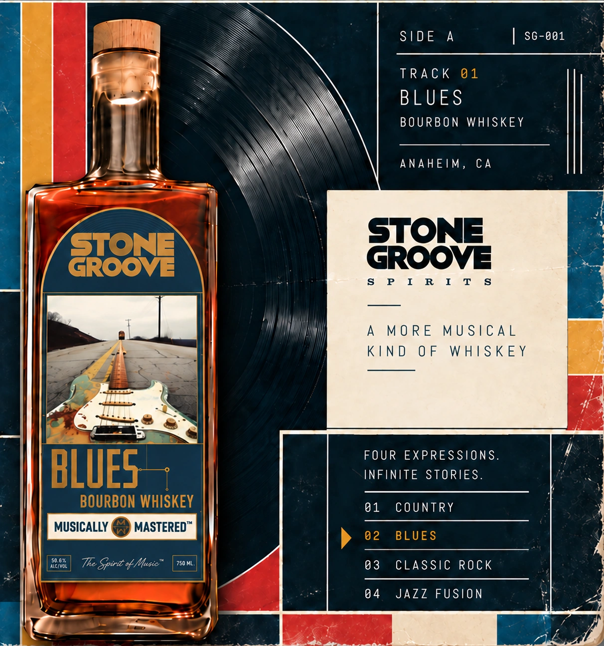 Approved Stone Groove Blues Bourbon mobile hero artwork with correct bottle, full T-cork, vinyl and music-release graphics