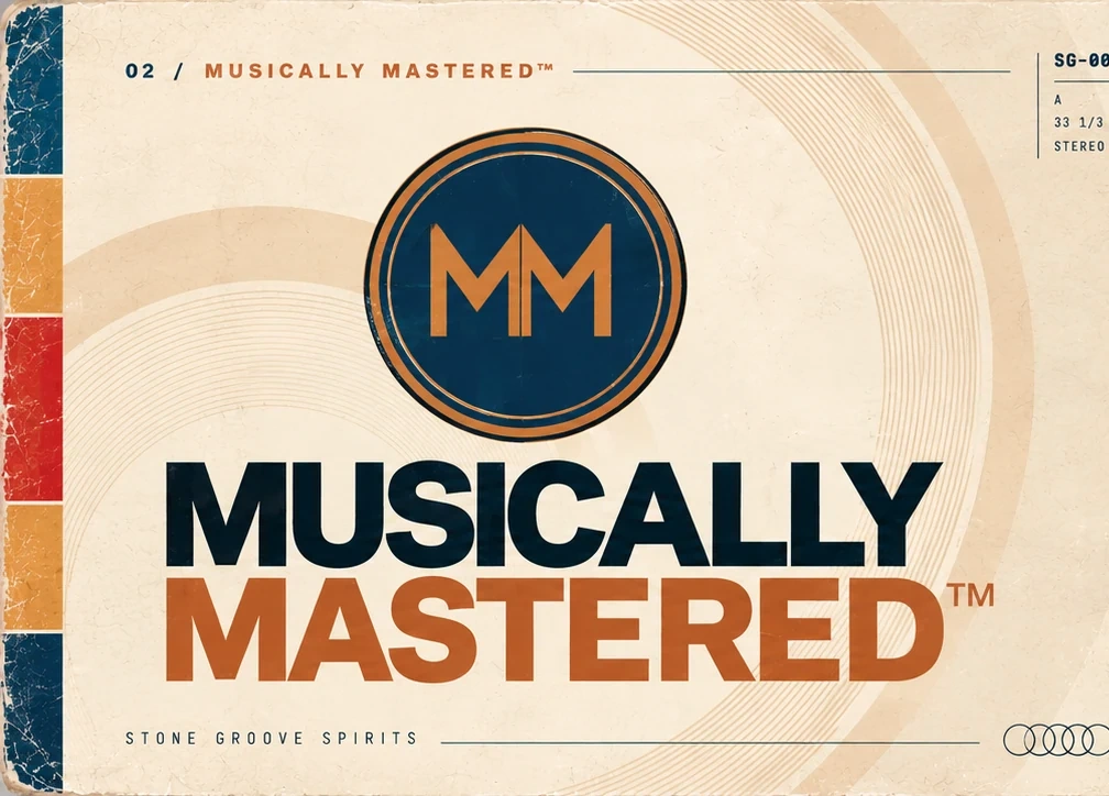 Approved Musically Mastered artwork with copper MM mark, oversized condensed title, record-groove geometry, and warm-paper texture