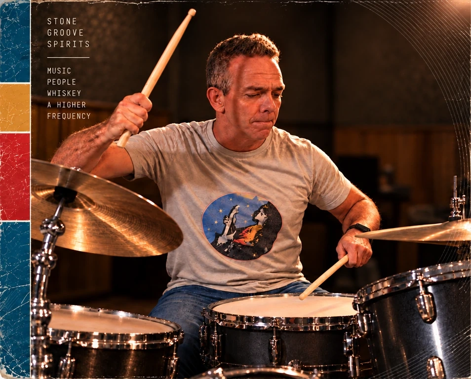 Founder Jeff Duggan playing drums, from the approved Our Story artwork