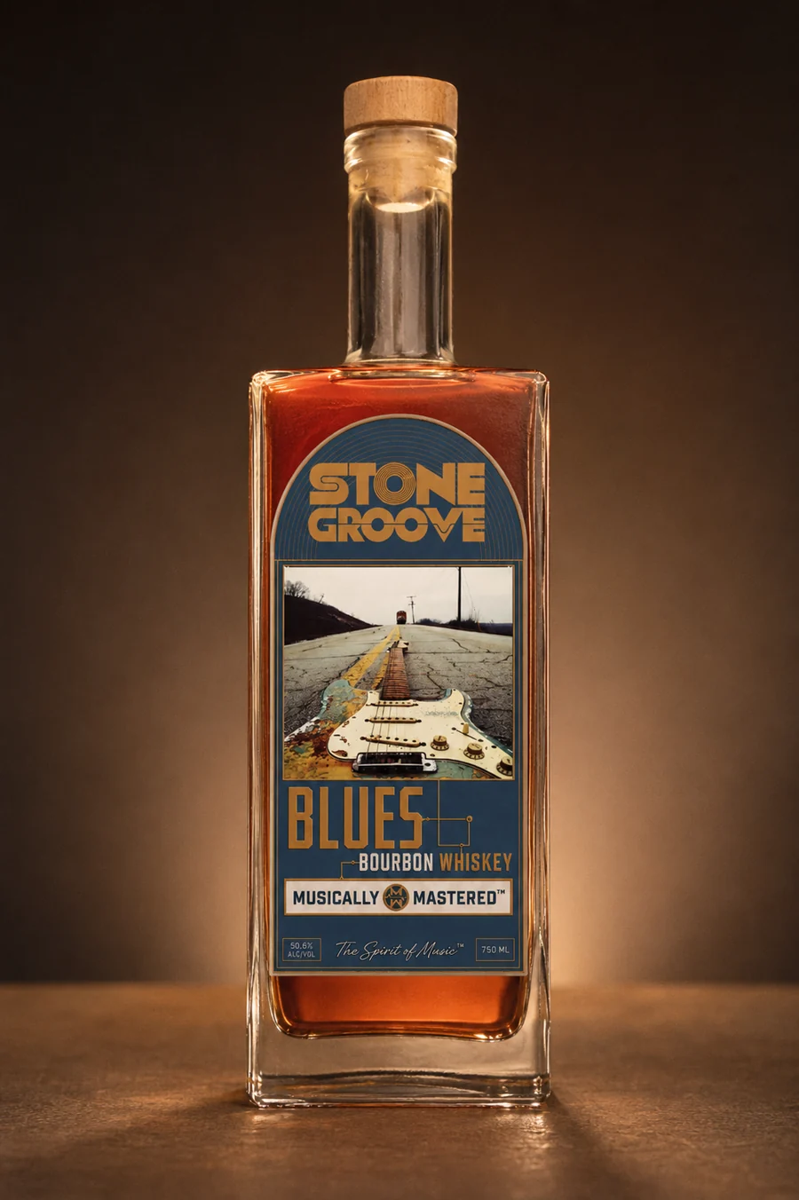 Unaltered Stone Groove Blues Bourbon Whiskey bottle photograph with natural wood stopper and guitar artwork