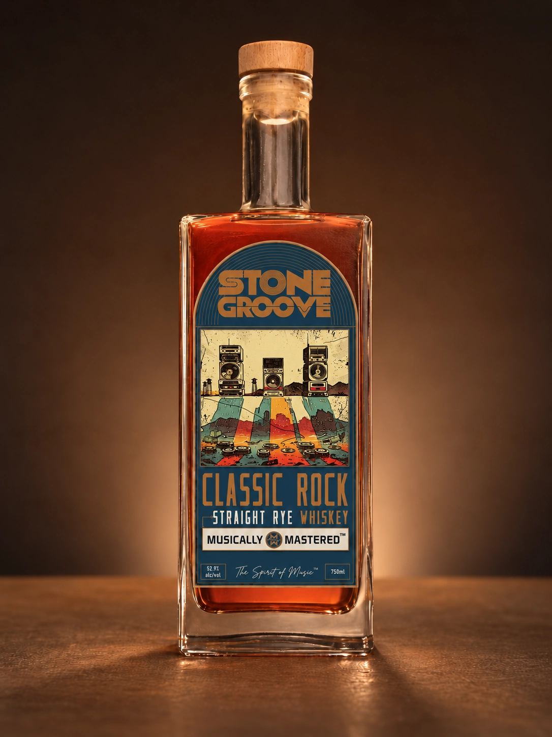 Original Stone Groove Classic Rock Straight Rye Whiskey bottle photograph with natural wood stopper and colorful speaker-stack artwork