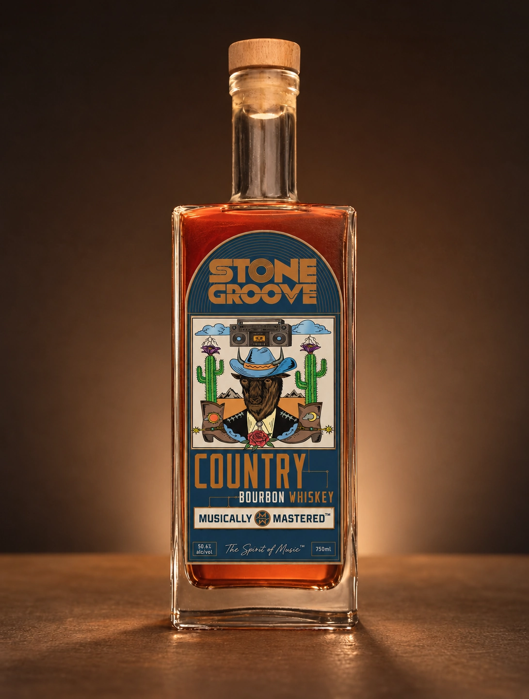 Original Stone Groove Country Bourbon Whiskey bottle photograph with natural wood stopper and Country buffalo artwork