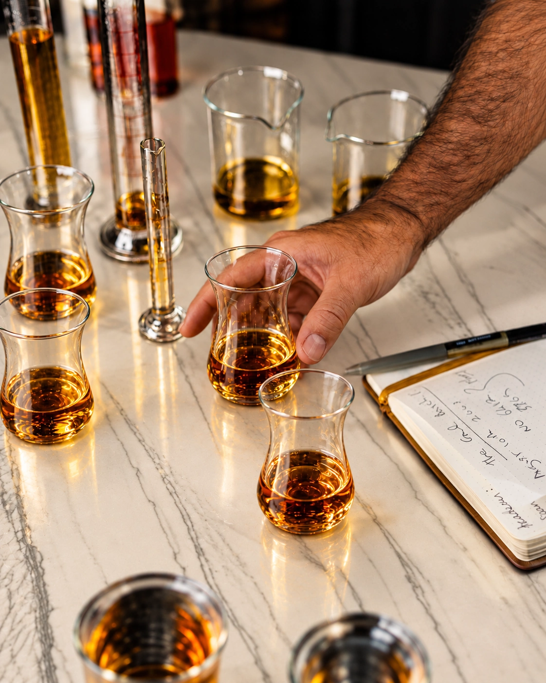 Turkish tea style whiskey tasting glasses on a marble-like quartzite countertop with a notebook and lab glassware