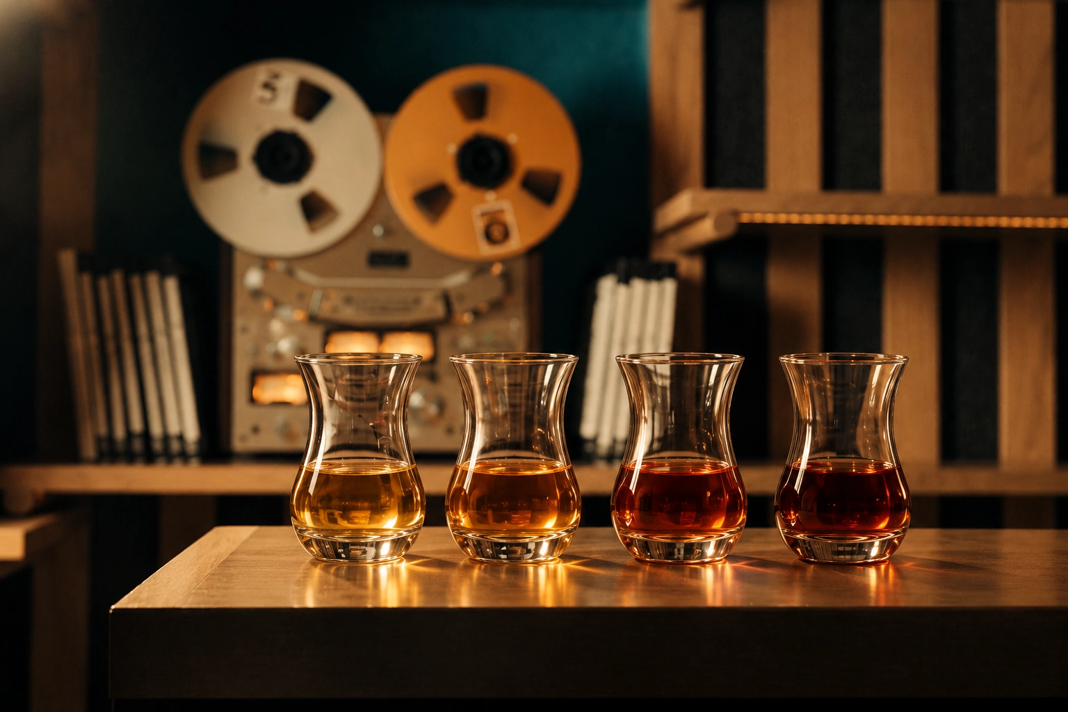 Four Turkish tea style tasting glasses with slightly different whiskey tones in a warm Stone Groove listening room