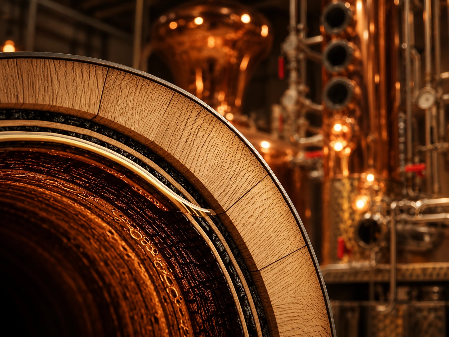 A charred oak barrel cross section set inside a warm copper Stone Groove distillery environment