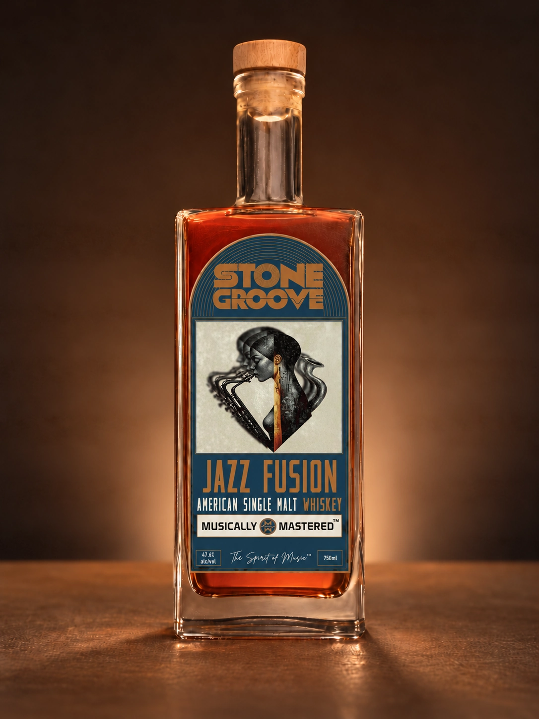 Original Stone Groove Jazz Fusion American Single Malt Whiskey bottle photograph with natural wood stopper and abstract saxophone portrait artwork