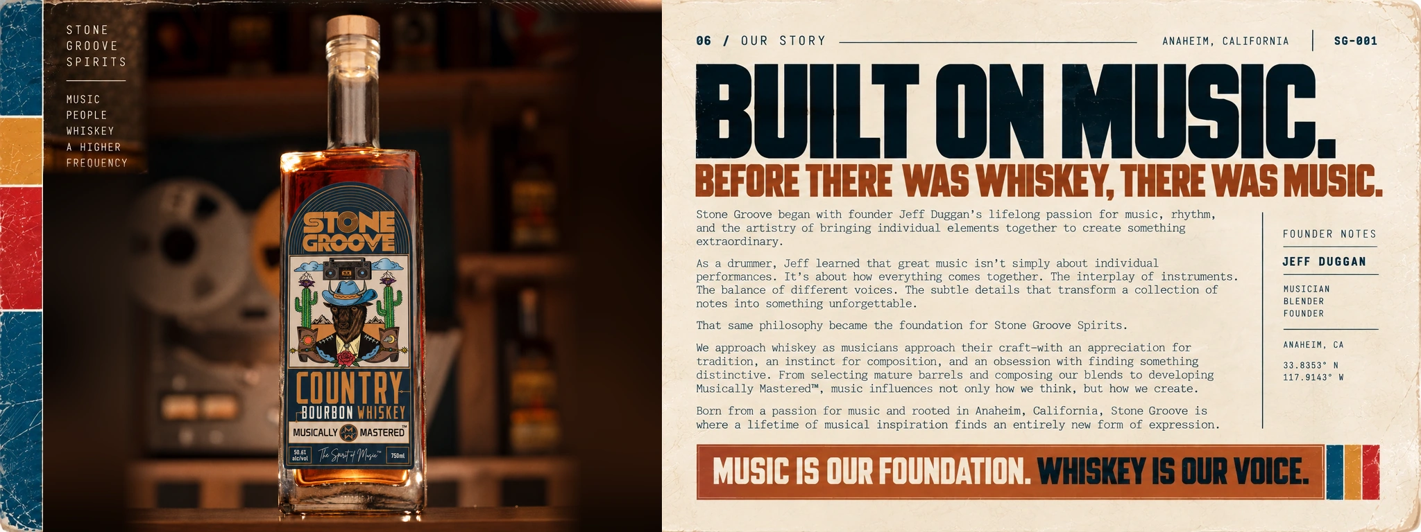 Stone Groove Country Bourbon bottle with original brand artwork beside the Built on Music founder story