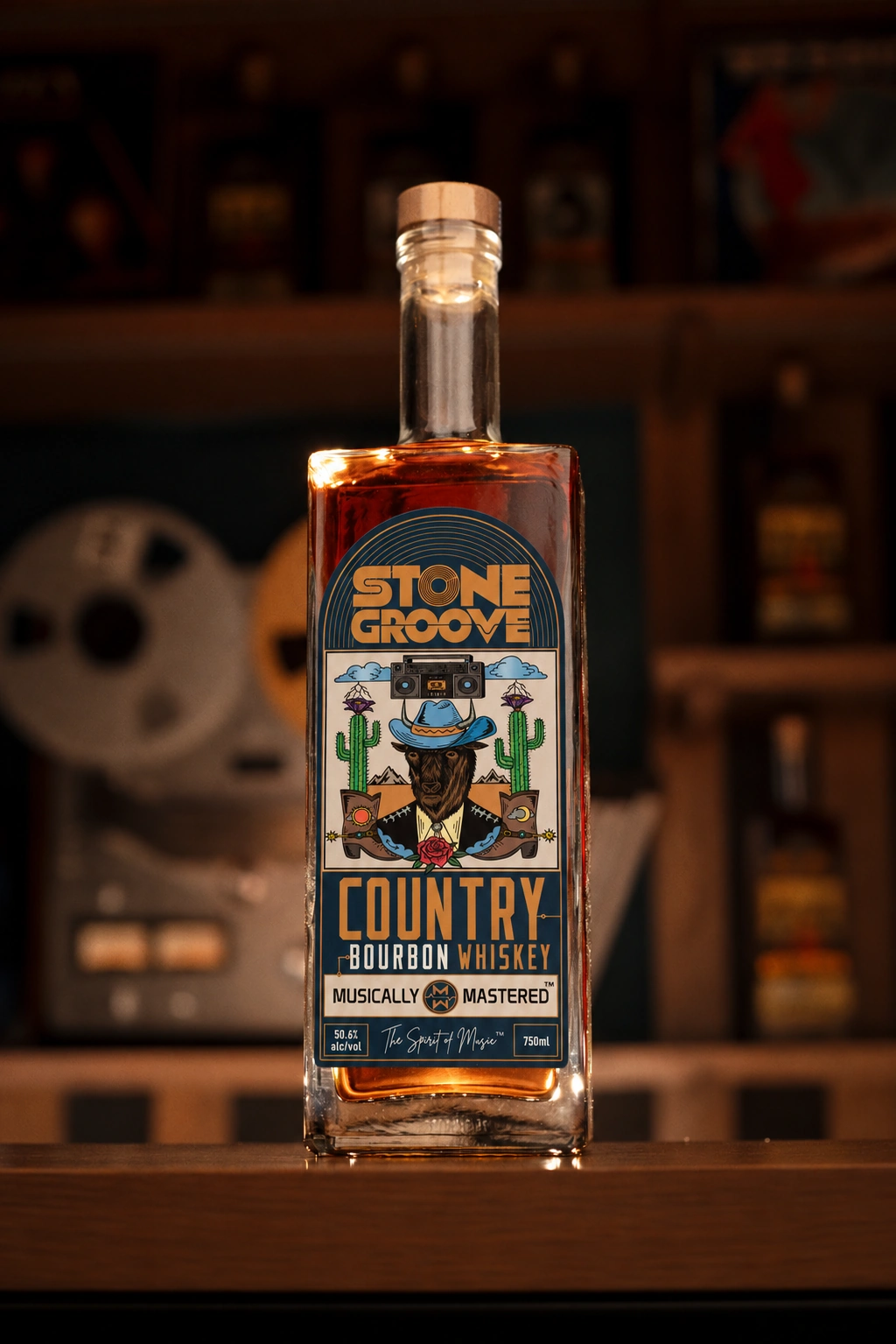 Stone Groove Country Bourbon bottle photographed in a warm listening room
