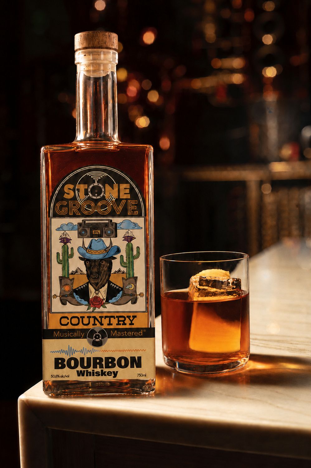 Stone Groove Country Bourbon bottle alongside an Old Fashioned with a clear ice cube